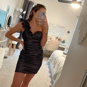 Purple homecoming dress with petal sleeve detail